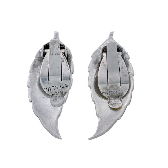 Vintage Siam Sterling Silver 925 White Niello Leaf Clip-On Earrings - Picture 2 of 4